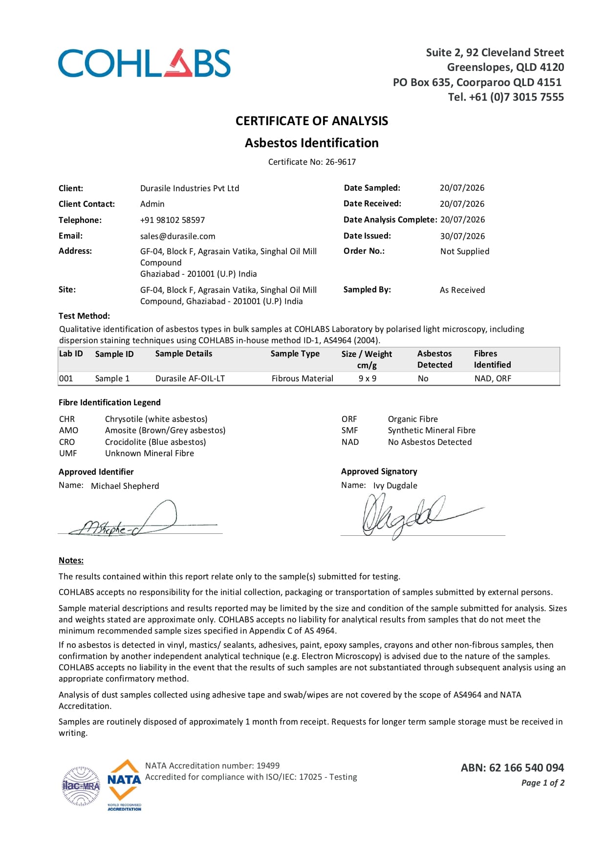 DURASILE AF-OIL-LT Test Report
